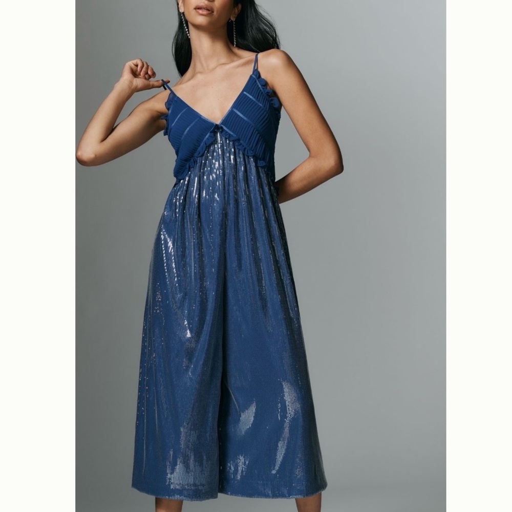 🟠NWT MAEVE by ANTHROPOLOGIE Fluid Shine Ruffle Crop Jumpsuit in Sodalite Blue